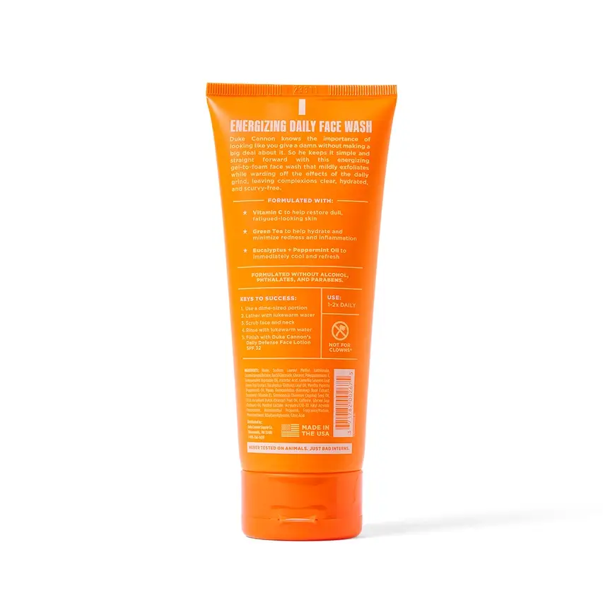 Duke Cannon Energizing Daily Face Wash tube, orange packaging, men's facial cleanser on Tampa Home & Garden Store