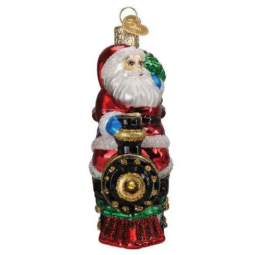 Santa On Locomotive Glass Ornament red train with gold accents by The Country Christmas Loft on Tampa Home & Garden Store