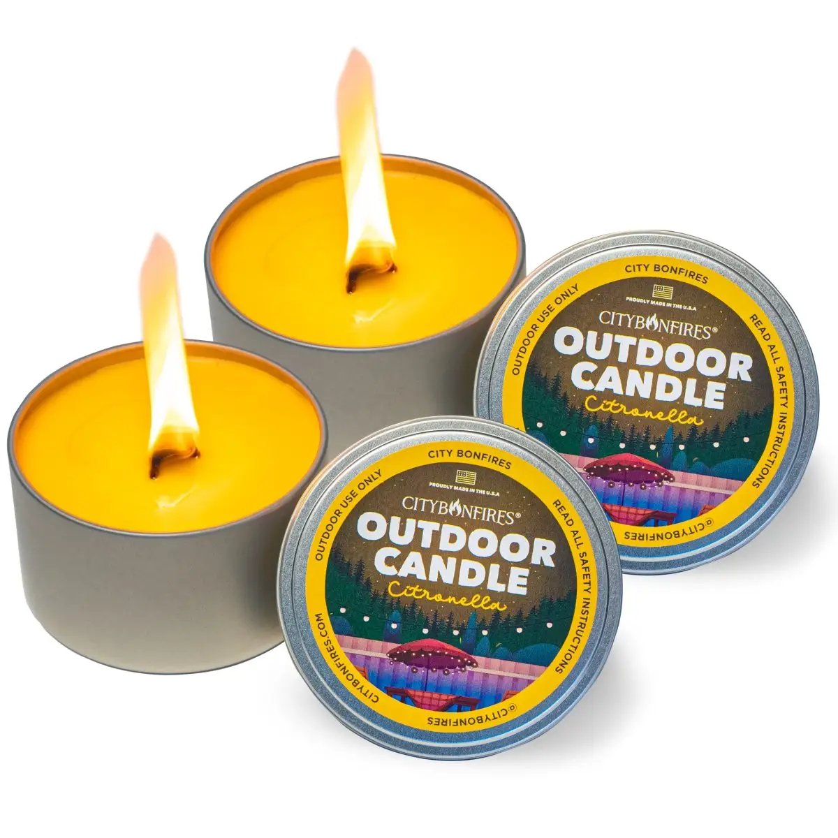 City Bonfires outdoor citronella candles in metal tins with yellow wax, 2-pack on Tampa Home & Garden Store