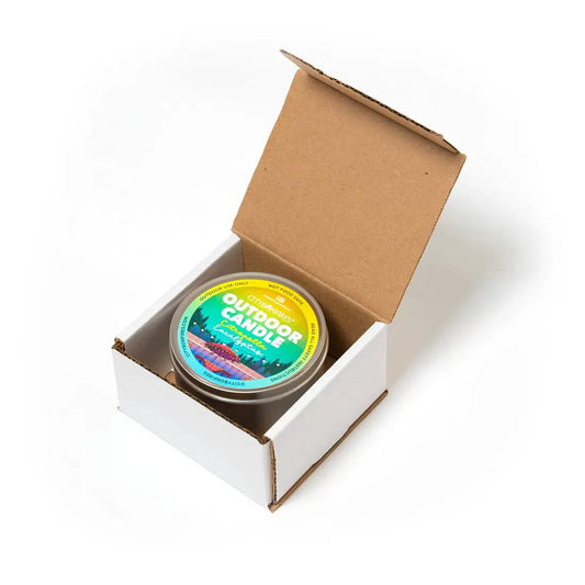 Outdoor Candle Citronella and Eucalyptus tin by City Bonfires in open white cardboard box on Tampa Home & Garden Store