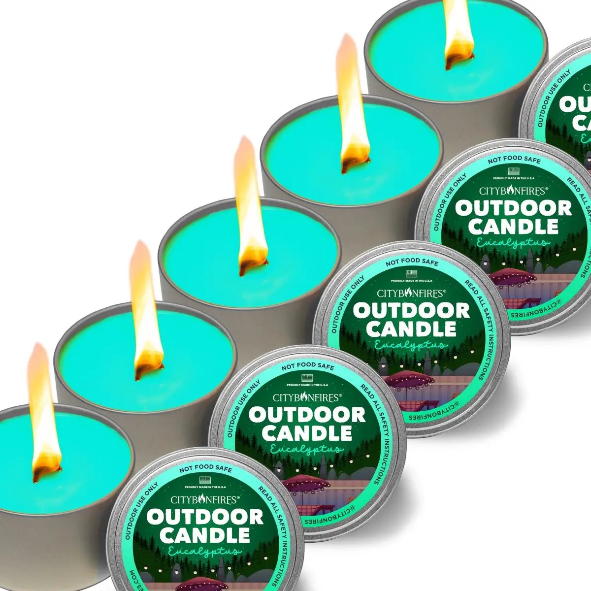 City Bonfires Outdoor Candle in Eucalyptus in teal tins, set of five for outdoors on Tampa Home & Garden Store