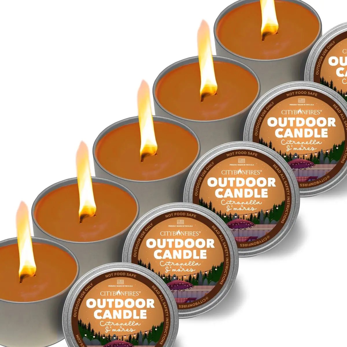 Outdoor Citronella Candle Tin Set by City Bonfires; six tins with orange wax and lit flames on Tampa Home & Garden Store