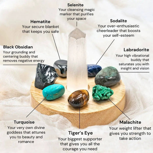Sacred Protection Lamp night light with white selenite pillar among stones on a wood base on Tampa Home & Garden Store