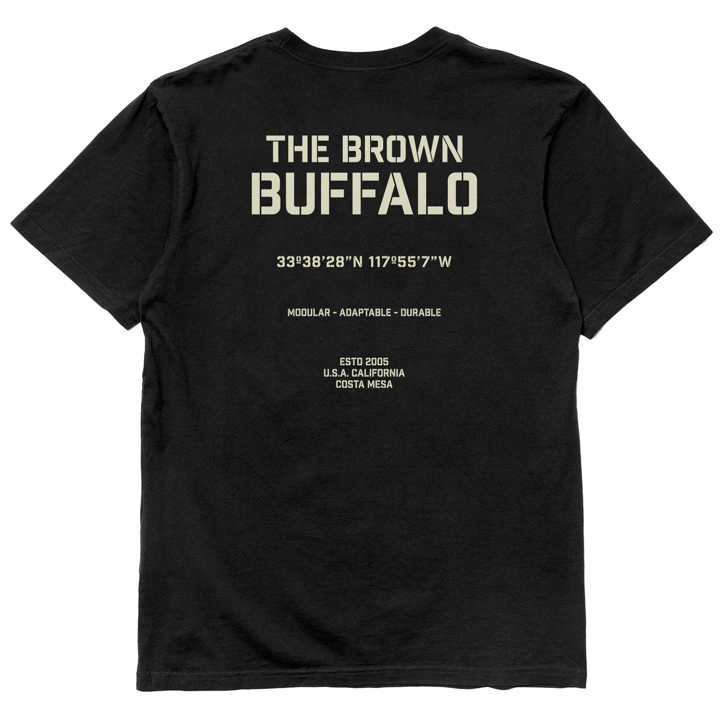 Stencil T-Shirt black with beige The Brown Buffalo branding and coordinates 33°38'28N 117°55'7W on Tampa Home & Garden Store