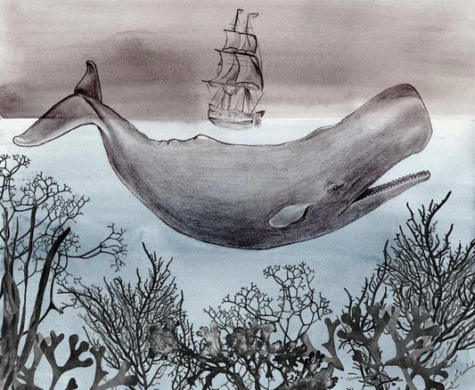 Sea Art Print Coastal Wall Art Edition featuring grayscale whale and distant ship amid coral on Tampa Home & Garden Store