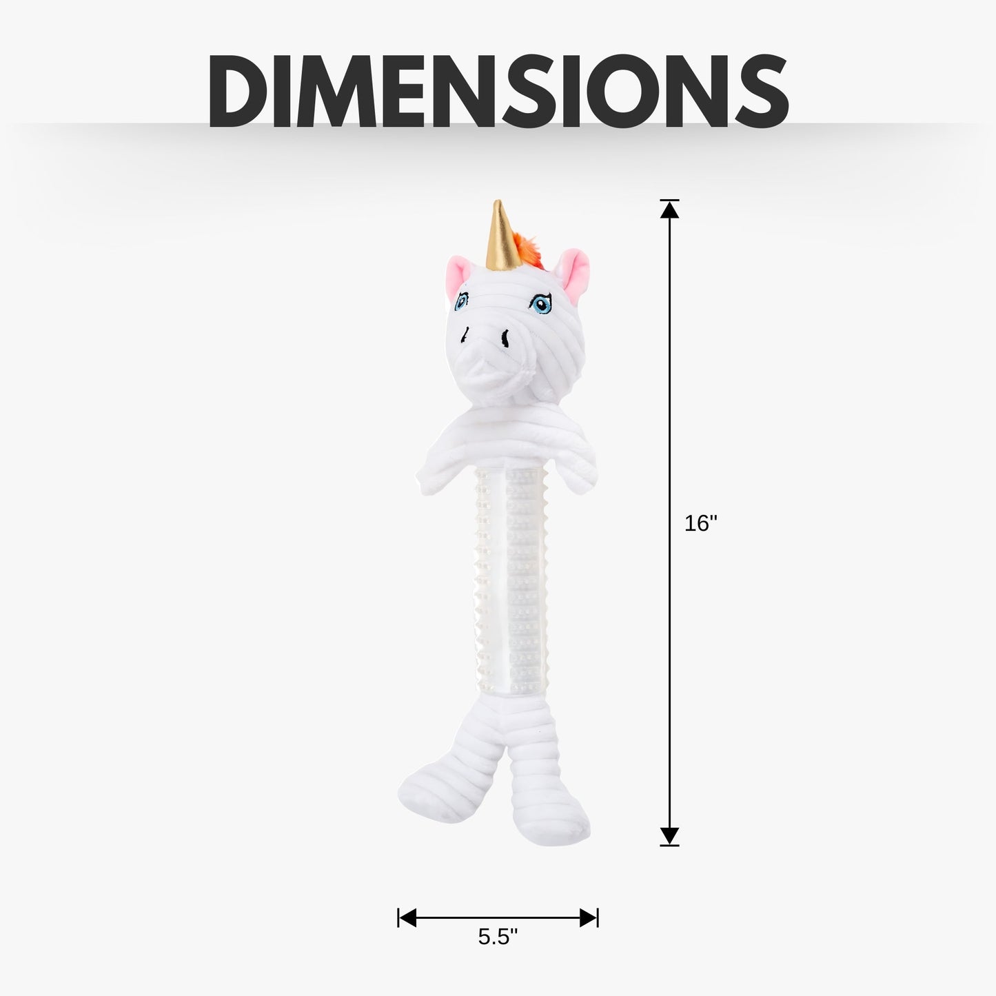 Unicorn corduroy dog toy with squeaker, white head with pink ears and gold horn, 16in tall on Tampa Home & Garden Store