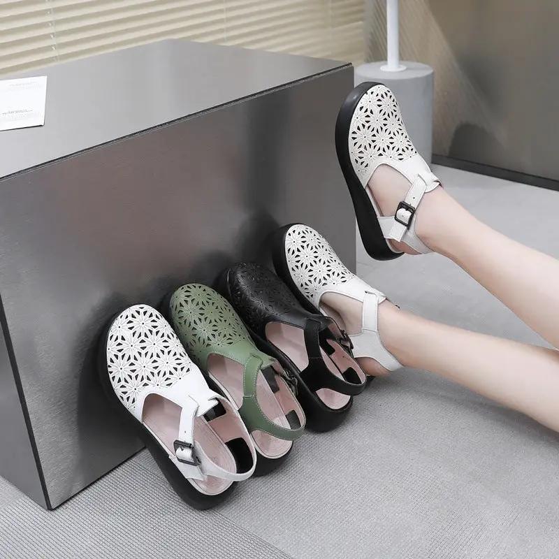 Women’s leather sandals with buckled wedge heel in white perforated design, five color options on display on Tampa Home & Garden Store