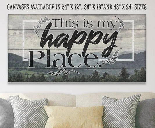 This Is My Happy Place large canvas wall art with rustic wood backdrop and black script on Tampa Home & Garden Store
