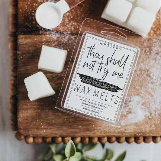 Wax melts Gia Roma Gardenia and Jasmine; white tarts with thou shall not try me label on Tampa Home & Garden Store