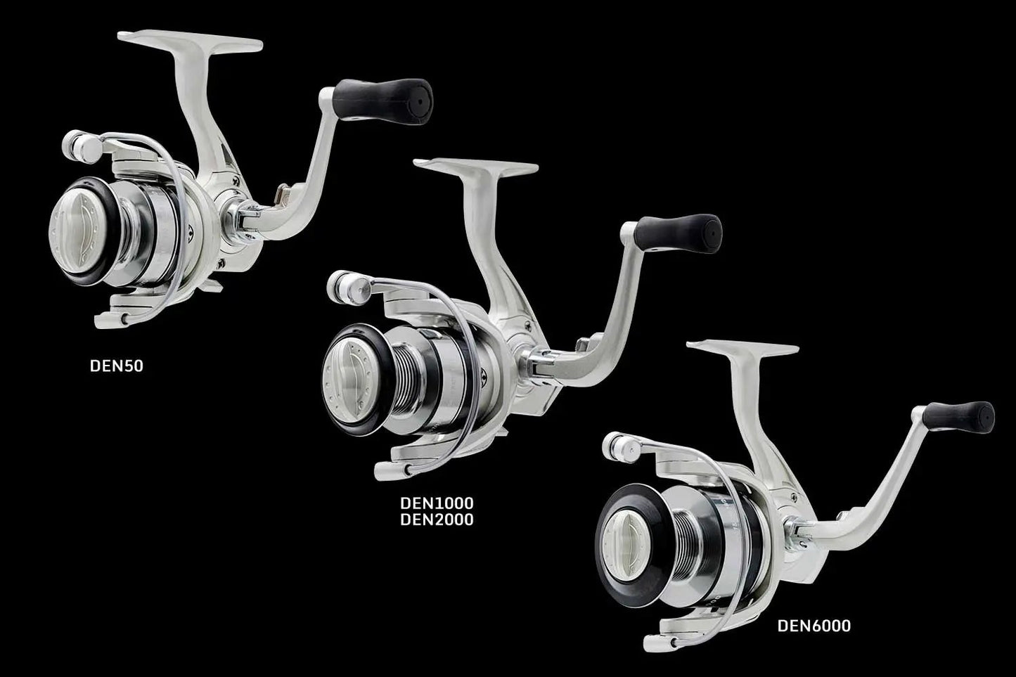 Denali Lite spinning reels set of four with silver finish and lightweight drag on Tampa Home & Garden Store