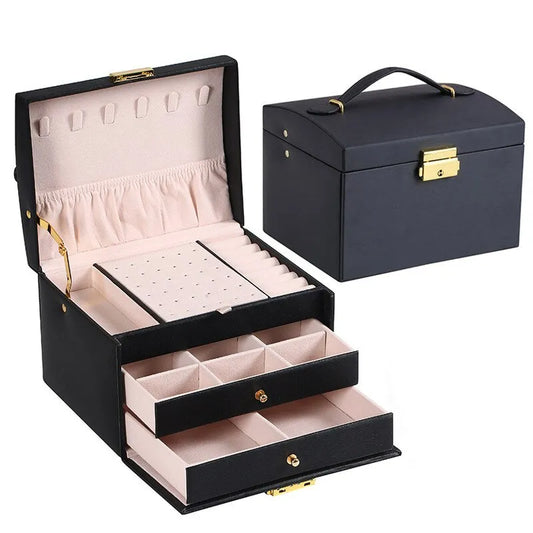 3 Layer Leather Jewelry Box Organizer with Drawers Velvet Lined 17.5cm - Tampa Home & Garden Store