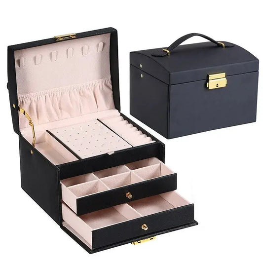 Leather jewelry box Moktan Sabai with velvet pink lining, black leather, 3-layer drawers on Tampa Home & Garden Store