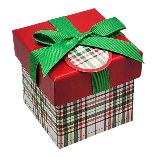 Gift Box Cube for Gift Cards red 3x3 box with green grosgrain ribbon and plaid wrap on Tampa Home & Garden Store