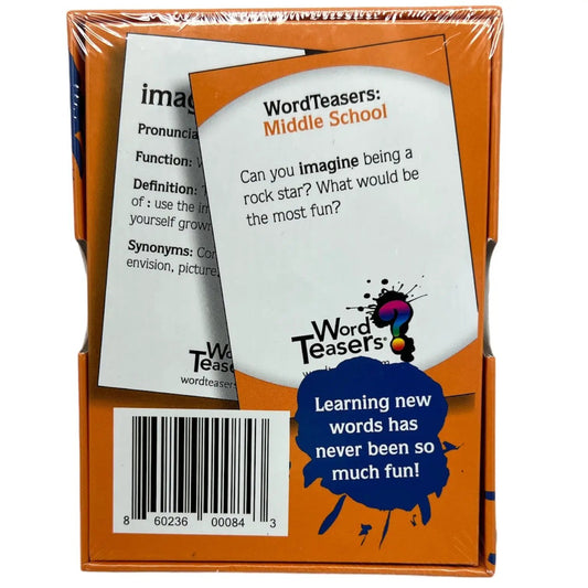 WordTeasers Middle School Vocabulary Word Teaser Card Game orange packaging with sample cards on Tampa Home & Garden Store