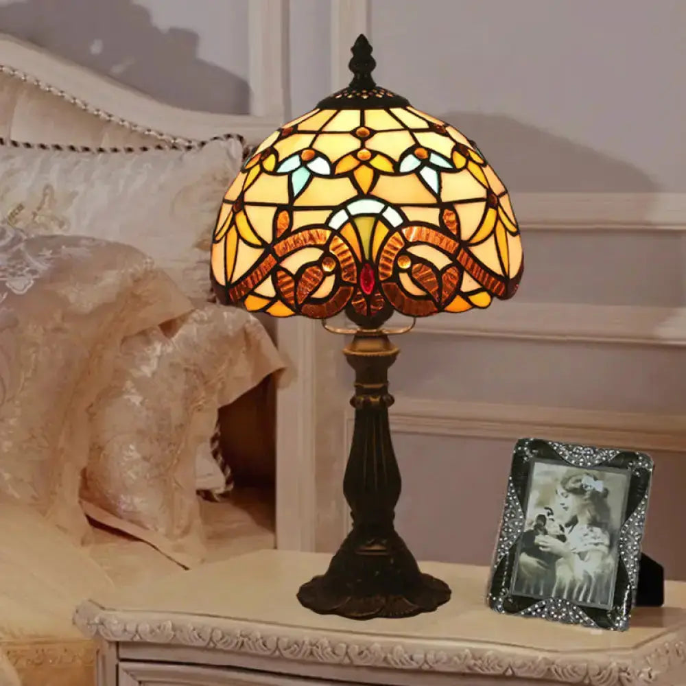Tiffany Art Glass Night Lamp bowl-shaped yellow stained glass shade on black Decorbites lamp on Tampa Home & Garden Store