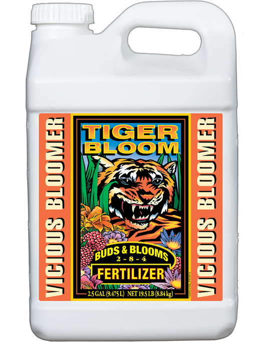 Tiger Bloom liquid plant fertilizer jug with orange label and tiger artwork, 2.5 gal, 2-8-4 on Tampa Home & Garden Store