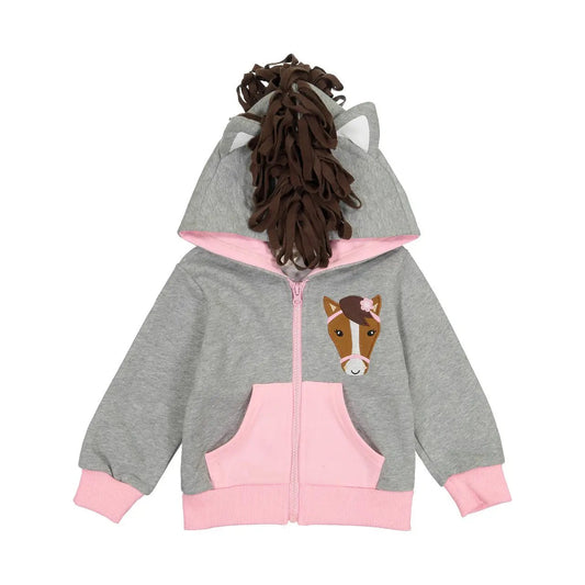 Pink Horse 3D Kids Hoodie gray with pink trim and yarn mane on Tampa Home & Garden Store