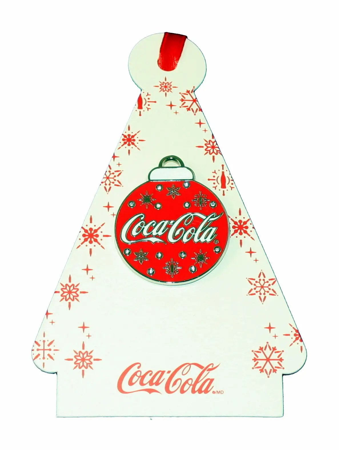 Coca-Cola holiday jewelry pin red rhinestone ornament on white Christmas tree display on Tampa Home & Garden Store