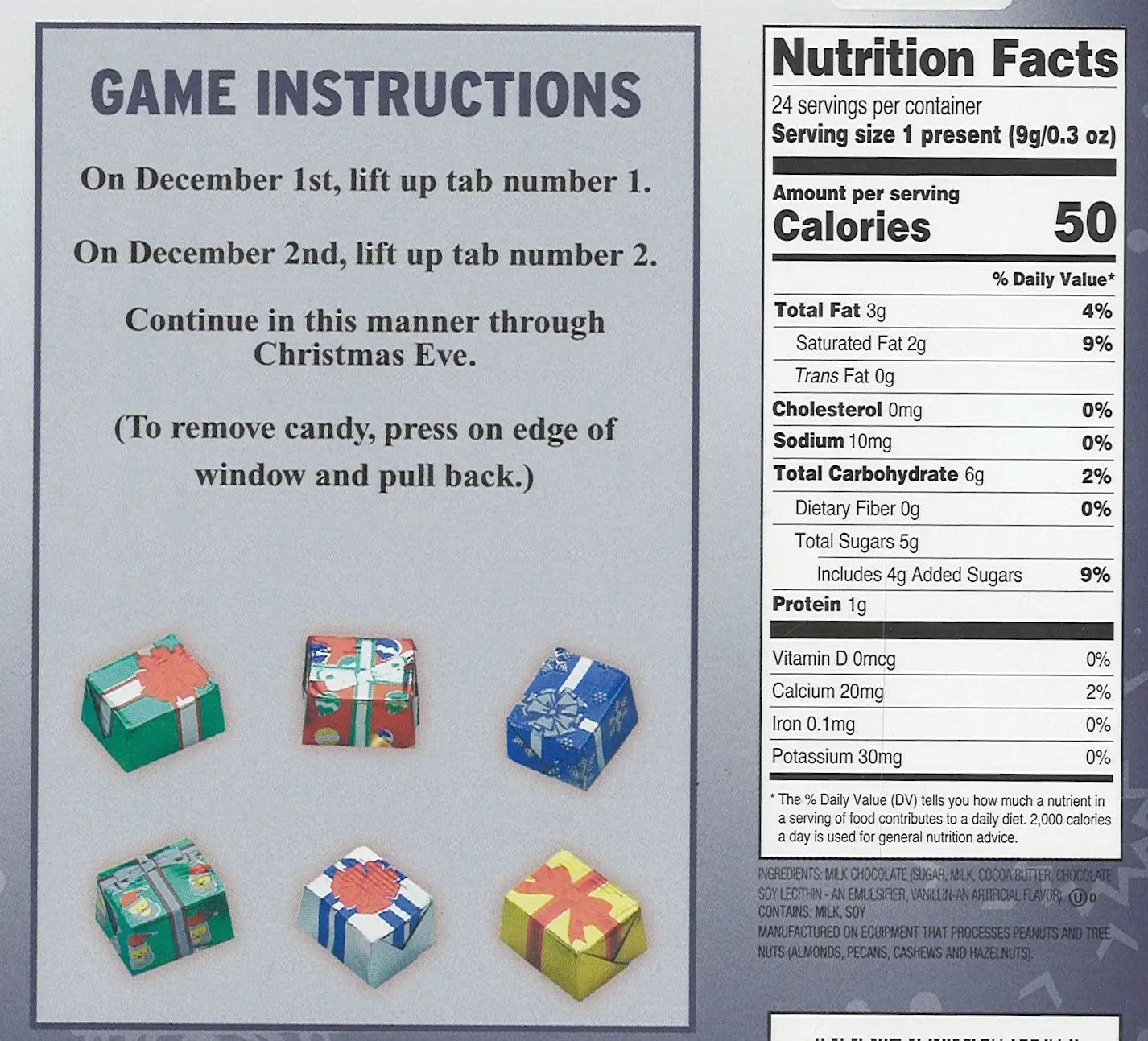 Nativity Advent Calendar with 24 Chocolates packaging shows game instructions and boxes on Tampa Home & Garden Store