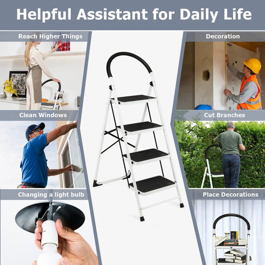 DirectDeals 4-step folding ladder with anti-slip pedals, white aluminum frame and black step treads on Tampa Home & Garden Store