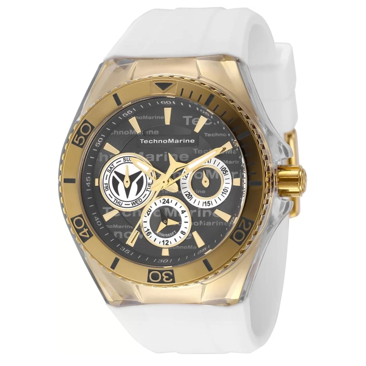 Watch TechnoMarine Women's Cruise with gold-tone bezel, black dial, white silicone strap on Tampa Home & Garden Store
