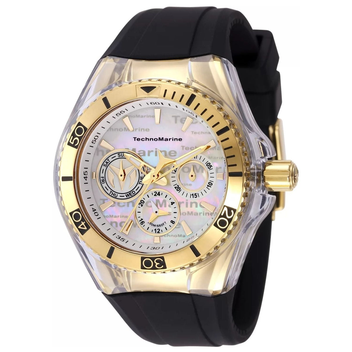 TechnoMarine Women's Cruise watch with gold-tone bezel, iridescent dial, black silicone strap on Tampa Home & Garden Store
