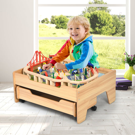 Children's Wooden Railway Set Table with 100 Pieces Storage Drawers - Tampa Home & Garden Store