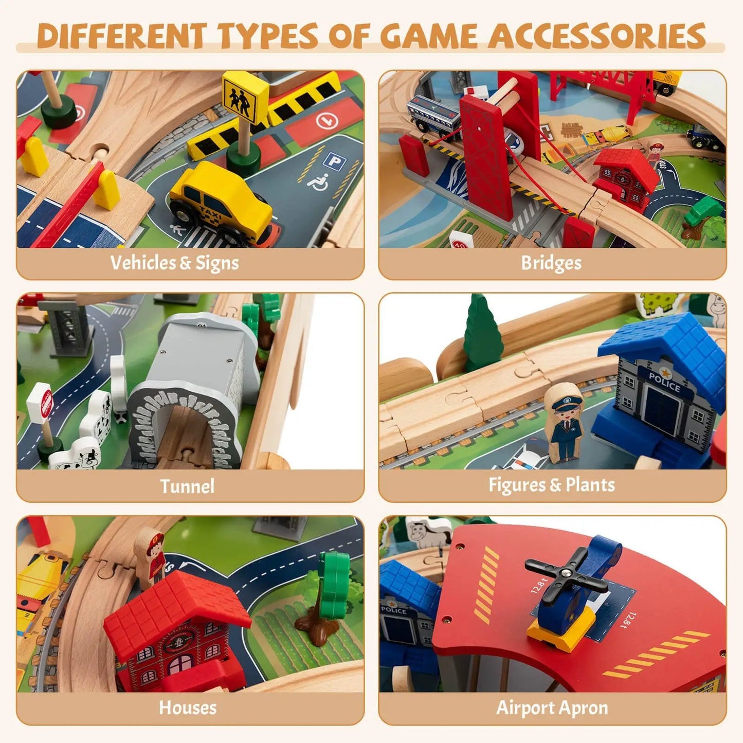 Kids double-sided wooden train table with storage featuring vehicles bridges tunnels and houses on Tampa Home & Garden Store