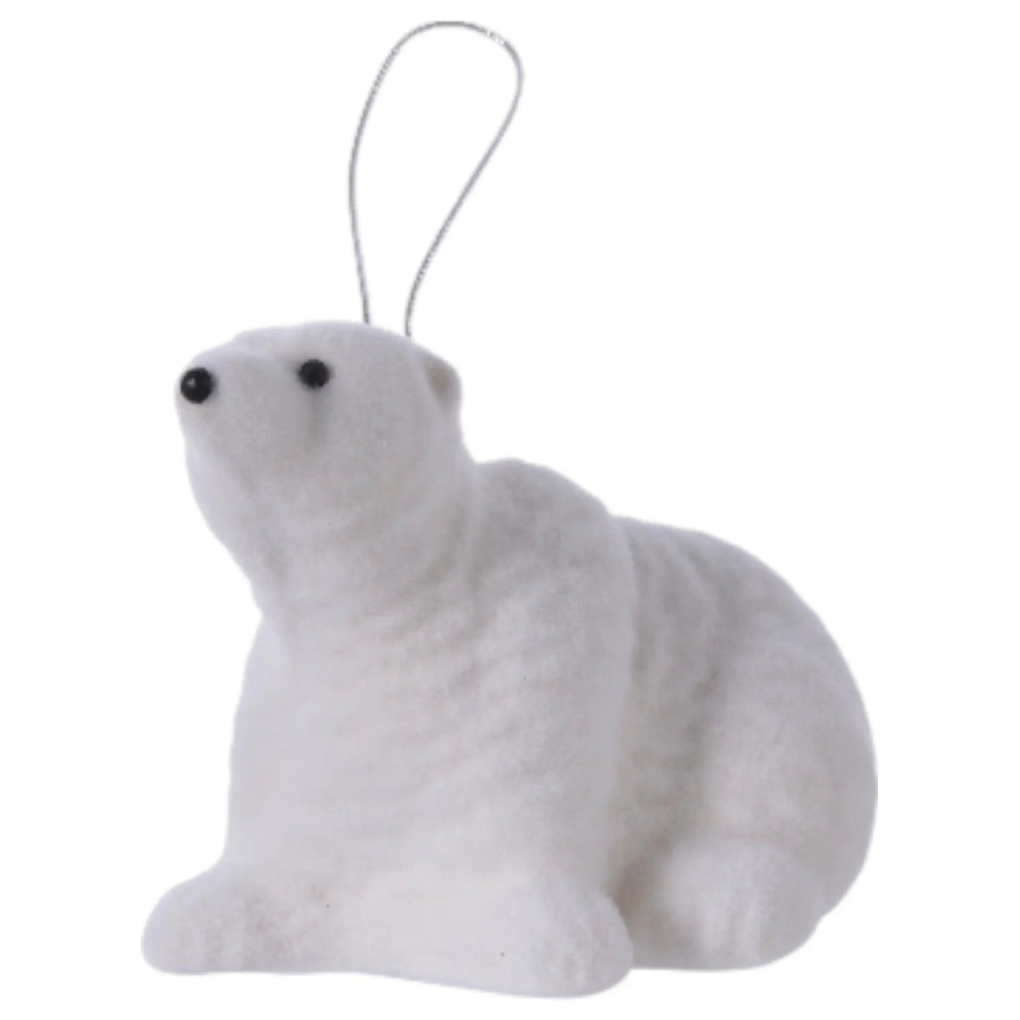 Polar bear ornament white plush with black eyes and hanging loop on Tampa Home & Garden Store