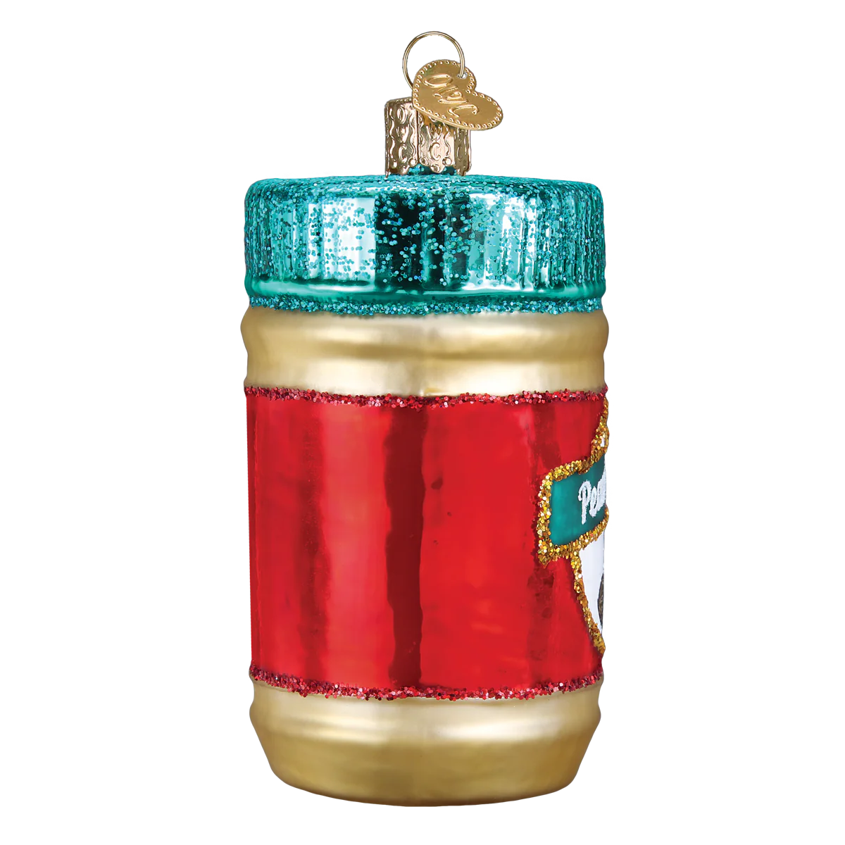 Deluxe Peanut Butter Glass Ornament with teal glitter lid and red label band on Tampa Home & Garden Store