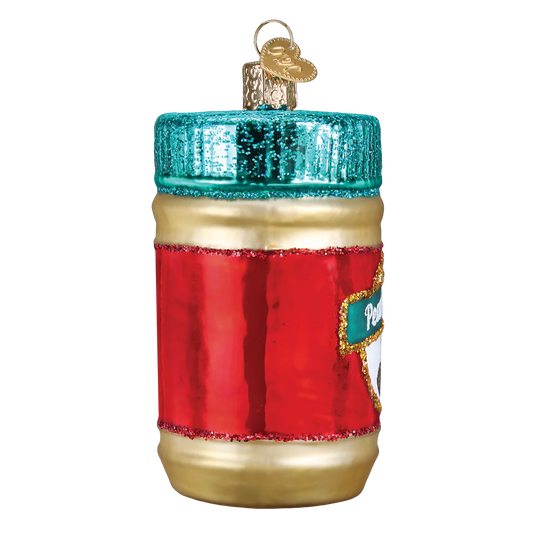 Deluxe Peanut Butter Glass Ornament with teal glitter lid and red label band on Tampa Home & Garden Store