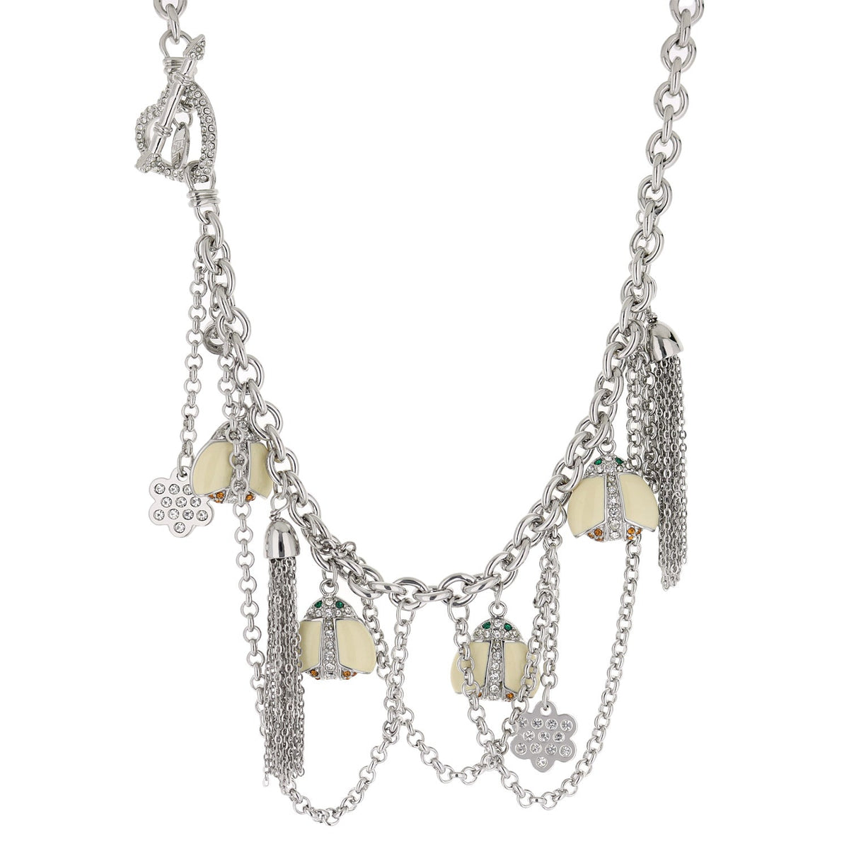 Lady Poof Necklace, Lauren G Adams silver-tone multi-strand chain with crystal charms on Tampa Home & Garden Store