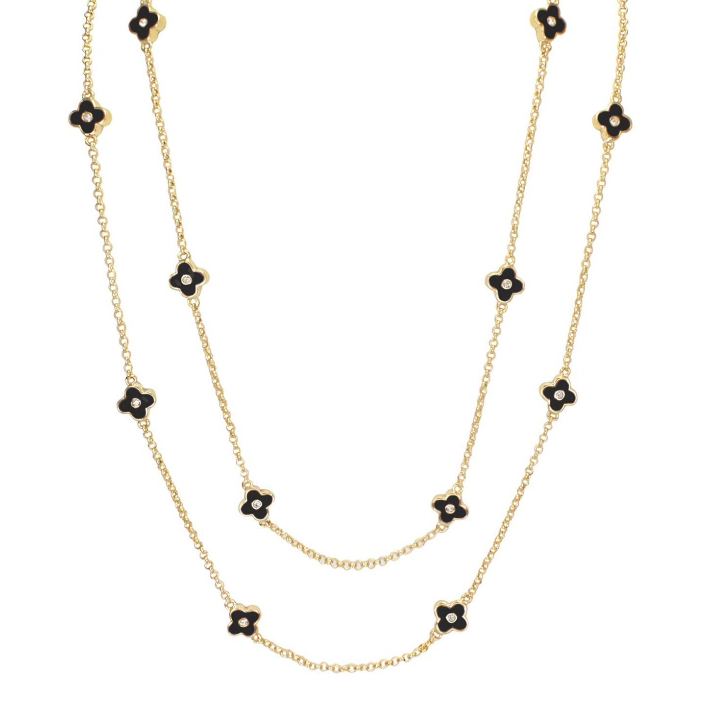 Daisy Love Necklace 48-Inch Framed Flower with gold-tone chain and black enamel daisies on Tampa Home & Garden Store