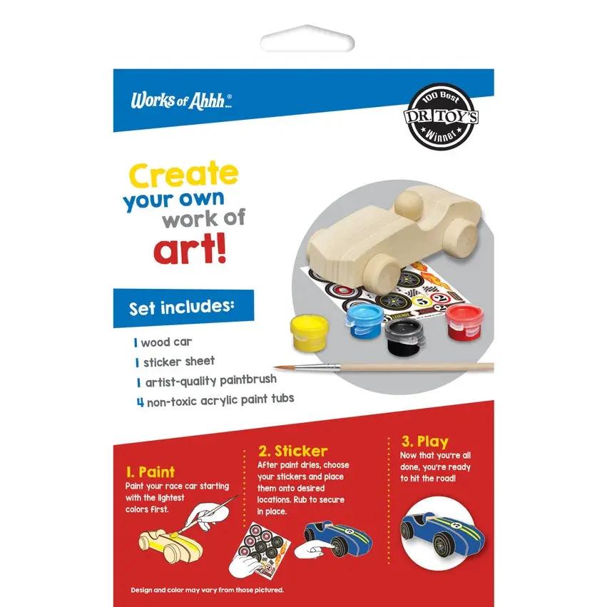 Race Car Wood Paint Kit for Kids 4+ includes wooden car, sticker sheet, paints, and brush on Tampa Home & Garden Store