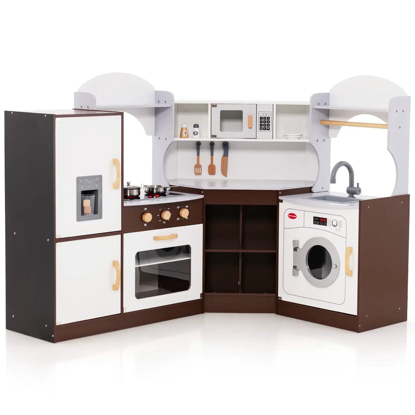 Corner Kids Play Kitchen with Washing Machine, white and brown toy kitchen with stove on Tampa Home & Garden Store