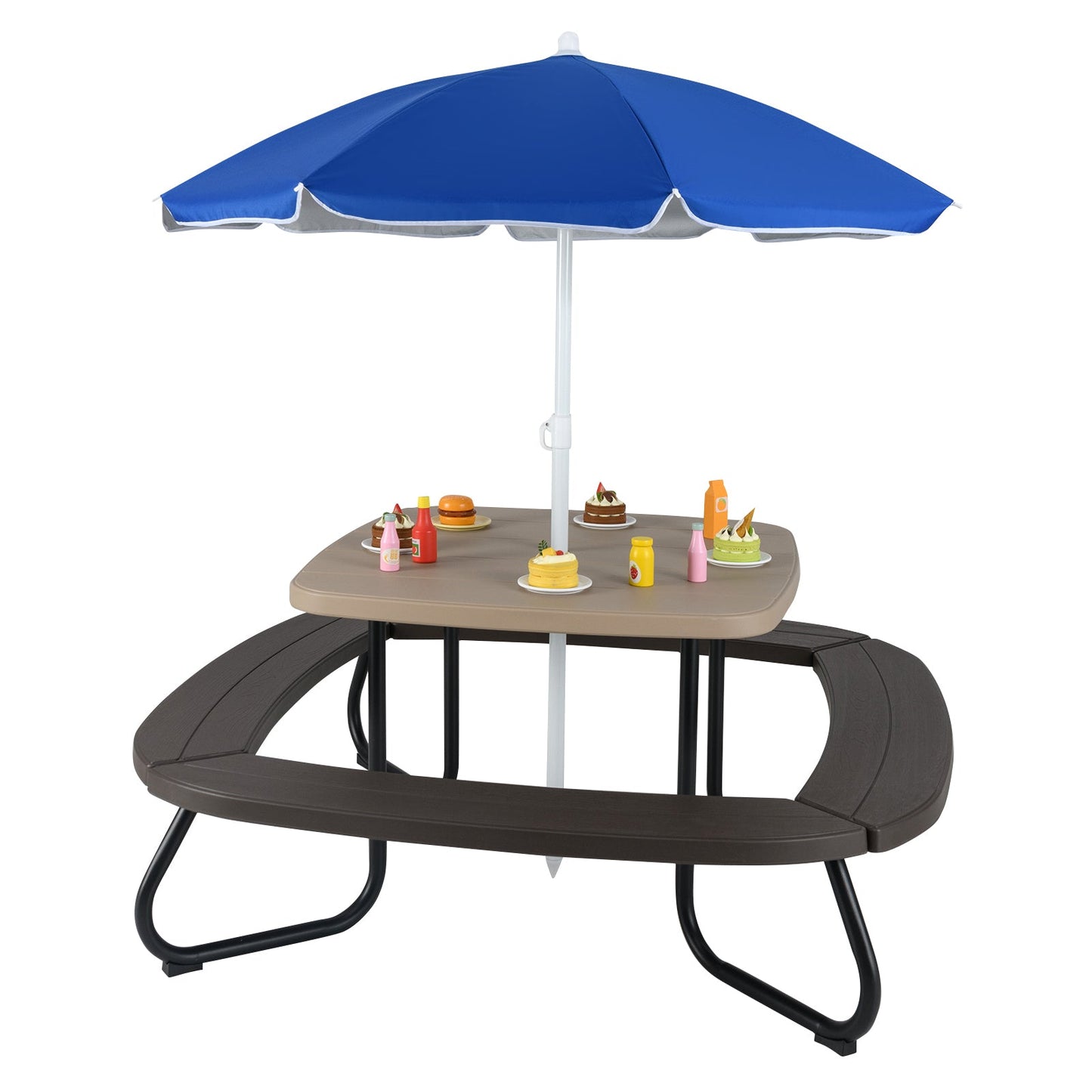 Toddler outdoor activity table with blue umbrella and tan tabletop by DirectDeals on Tampa Home & Garden Store
