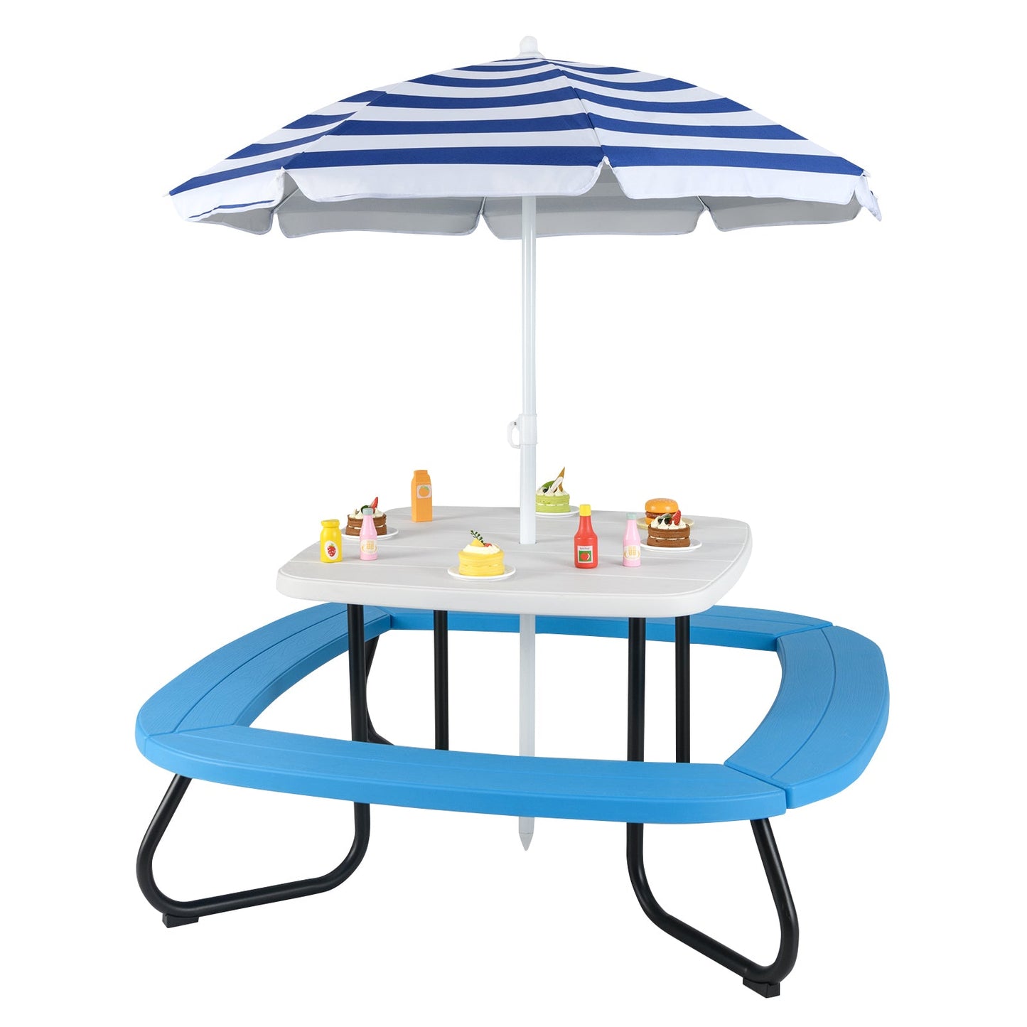 Toddler outdoor activity table with blue circular top and striped umbrella DirectDeals on Tampa Home & Garden Store