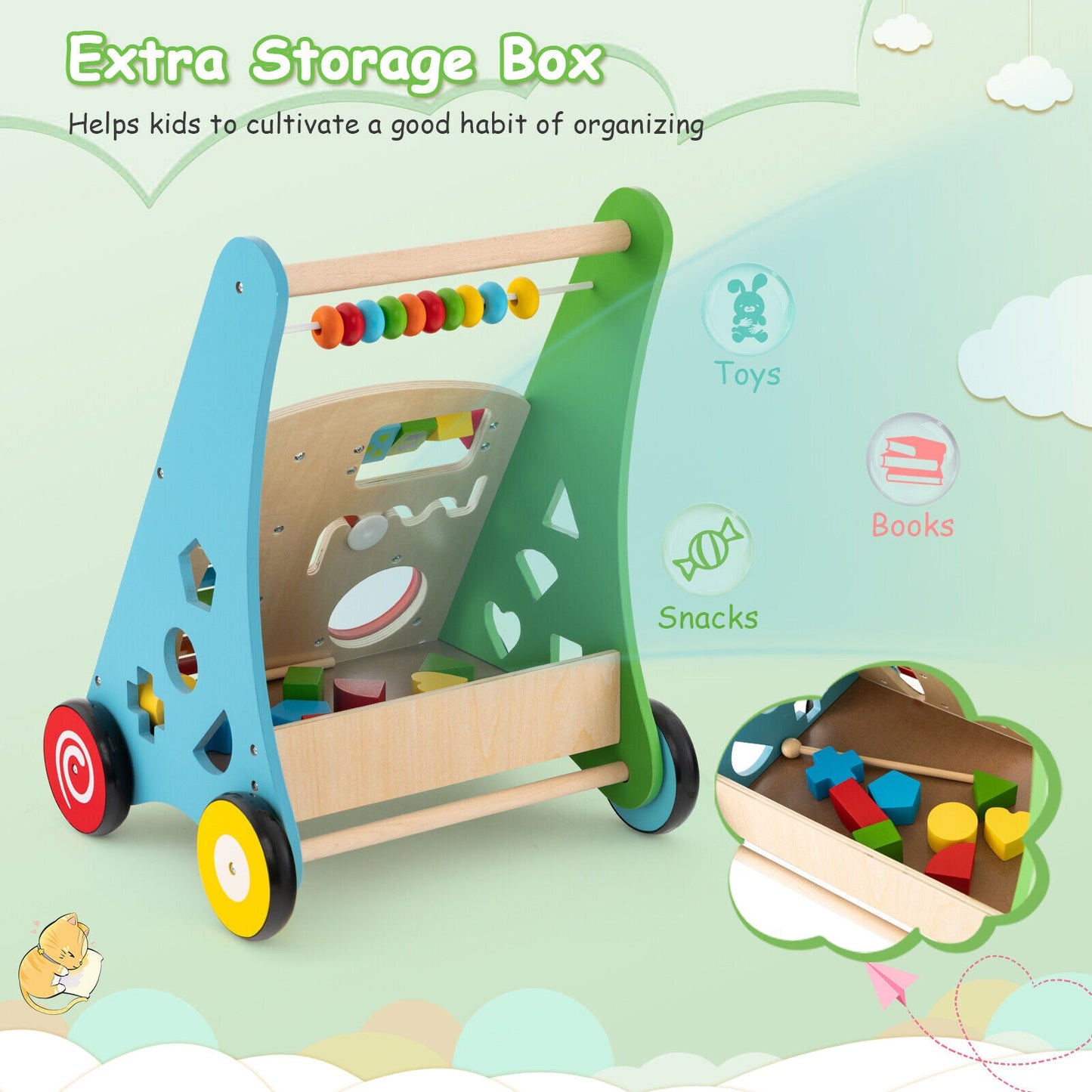 Toddler Push Walker Activity Center blue and green wooden frame with bead abacus DirectDeals on Tampa Home & Garden Store