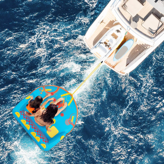 Towable tube for 3 riders, blue inflatable with yellow handles, towed by white yacht over sea on Tampa Home & Garden Store