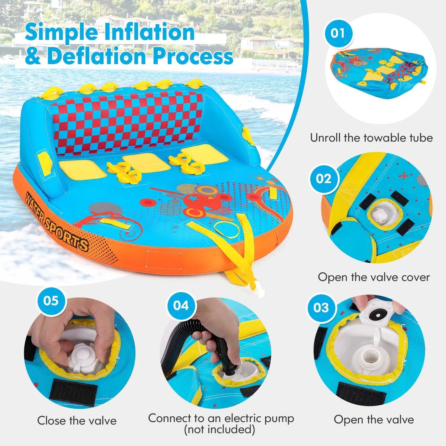 Towable tube for 3 riders, blue/orange sofa-style with yellow handles and backrest on Tampa Home & Garden Store