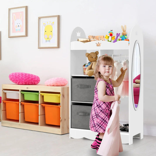 Dress Up Storage Closet With Mirror and Bins white kids wardrobe with mirror and gray drawers on Tampa Home & Garden Store