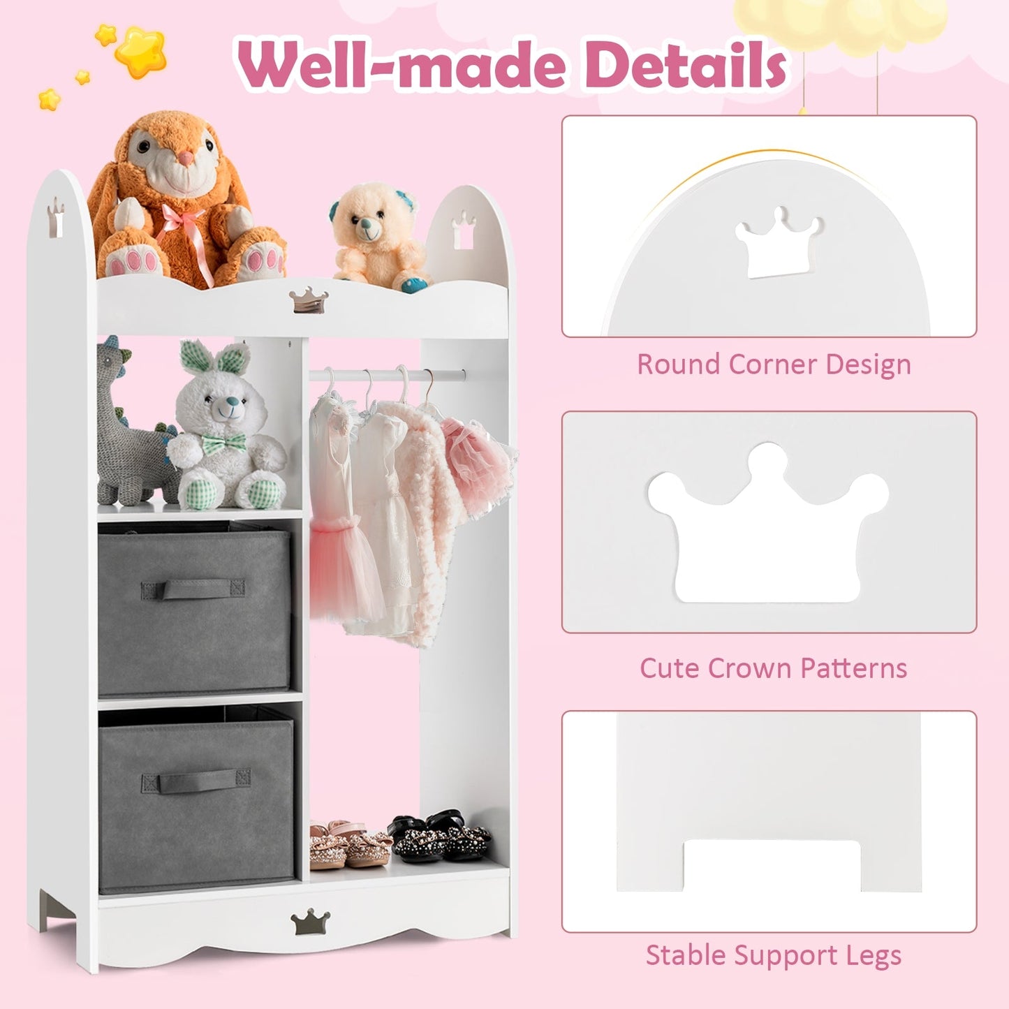 Dress Up Storage Closet with Mirror and Bins, white kids wardrobe with hanging rod, shelves on Tampa Home & Garden Store