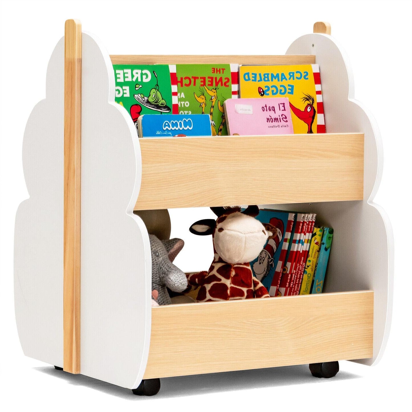 Kids wooden bookshelf with universal wheels, white sides and wood shelves holds books on Tampa Home & Garden Store