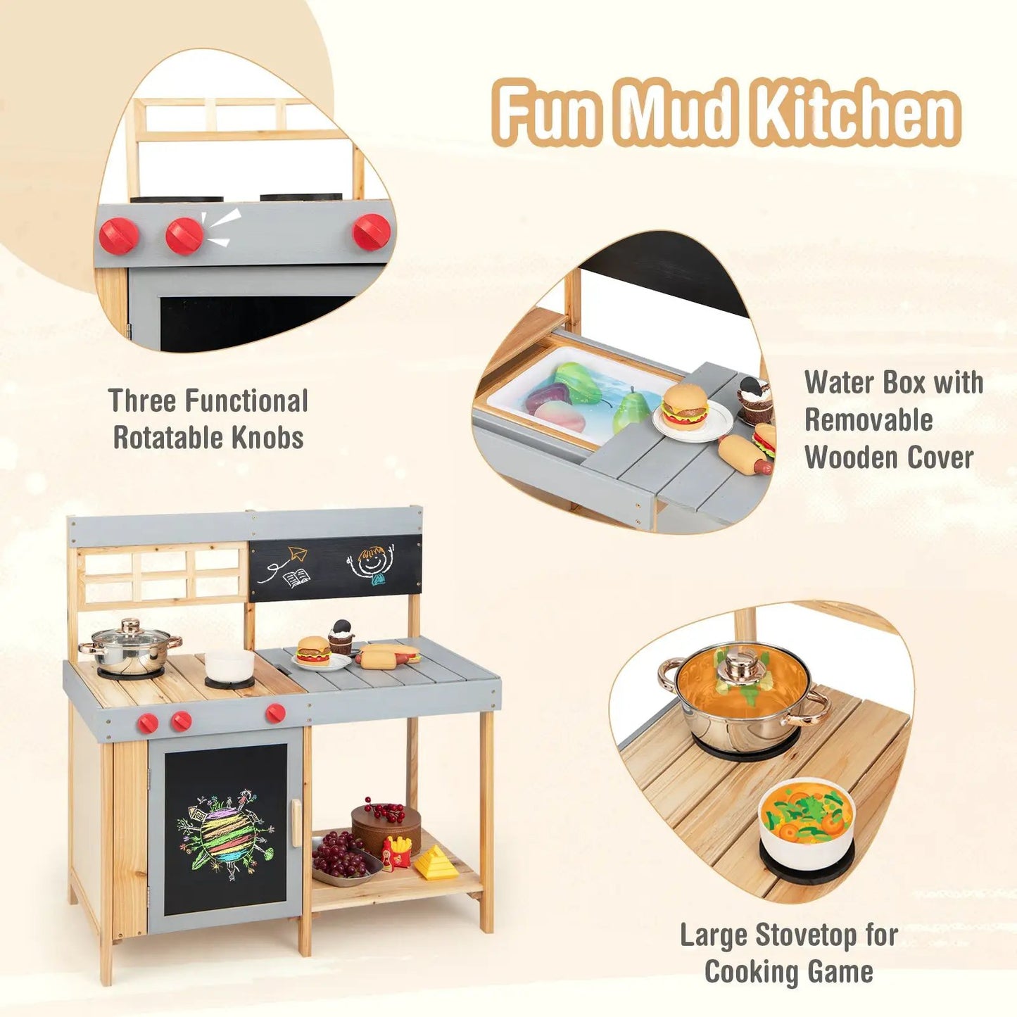 Outdoor Mud Kitchen Set with Detachable Water Box; gray wooden play kitchen with 3 red knobs on Tampa Home & Garden Store