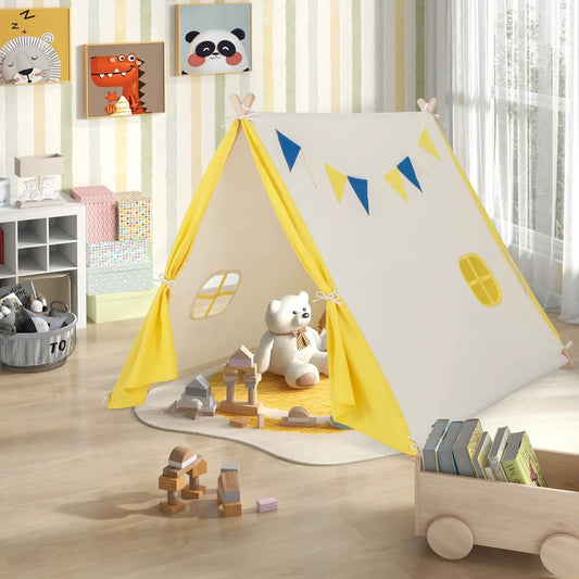 DirectDeals Kids Play Tent with Solid Wood Frame cream tent with yellow trim and blue bunting on Tampa Home & Garden Store