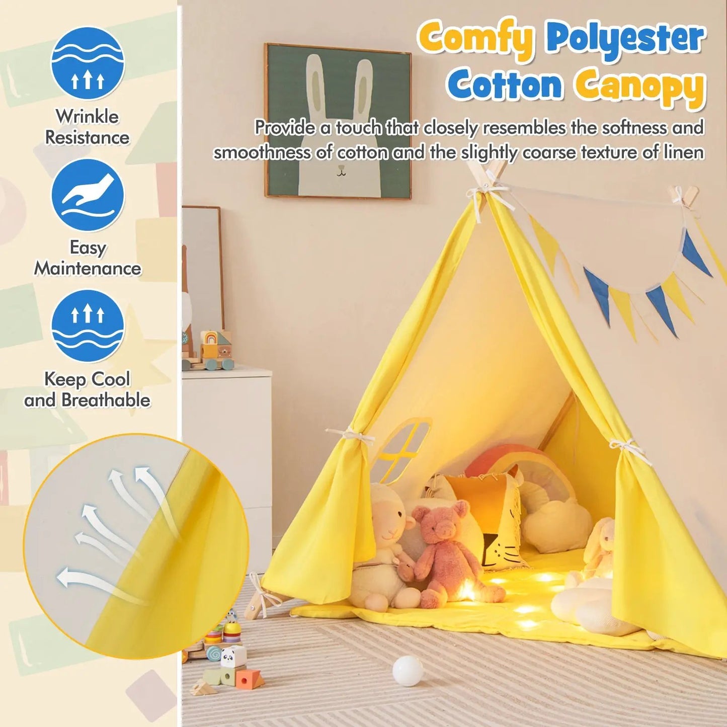 Kids play tent with solid wood frame in bright yellow, cozy indoor play space with plush toys on Tampa Home & Garden Store