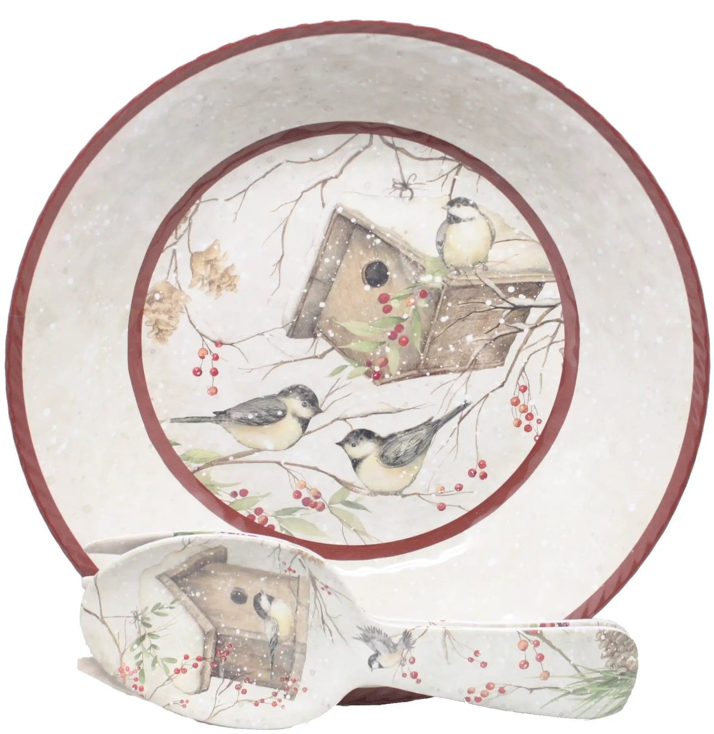 Chickadee 3 Piece Melamine Salad Bowl Set with cream bowls and winter bird scene, red rims on Tampa Home & Garden Store