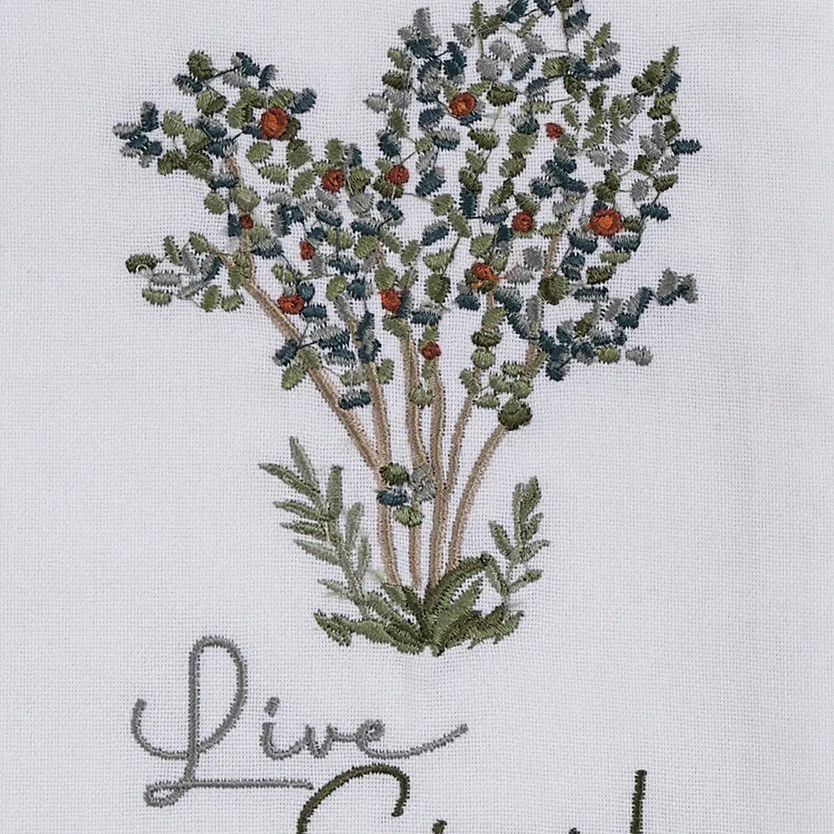 Live Simply dish towel cotton with embroidered tree bouquet, green leaves and red berries on Tampa Home & Garden Store