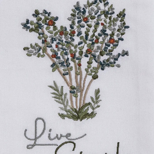 Live Simply dish towel cotton with embroidered tree bouquet, green leaves and red berries on Tampa Home & Garden Store