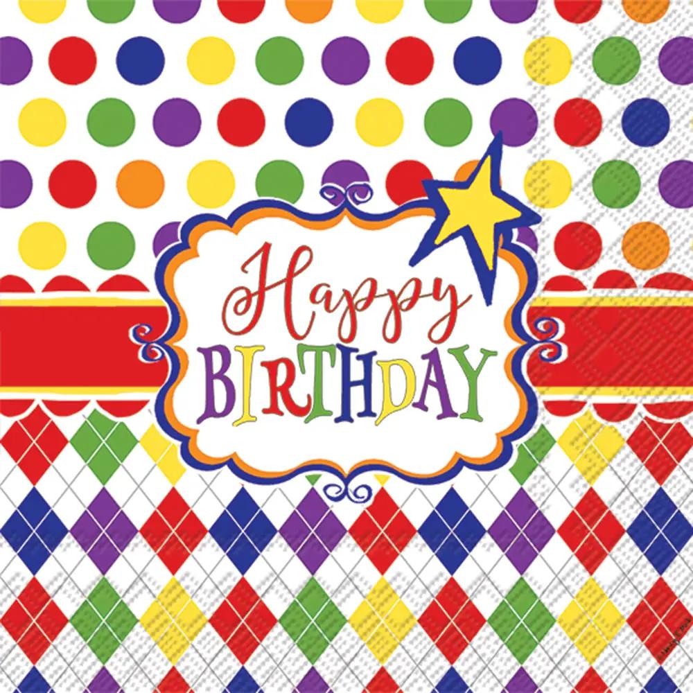 Birthday Party Napkins 3 Ply Luncheon, colorful polka dot and argyle pattern on Tampa Home & Garden Store